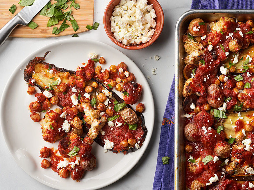 Eggplant Steaks with Roasted Chickpeas & Tomato Balsamic Sauce
