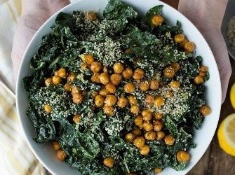 Kale caesar salad with chickpea curtons