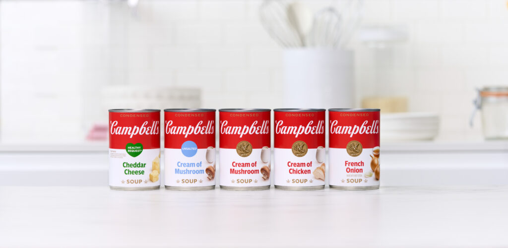 Campbell's Condensed cans, including Healthy Request Cheddar Cheese, Unsalted Cream of Mushroom, Cream of Mushroom, Cream of Chicken, and French Onion.