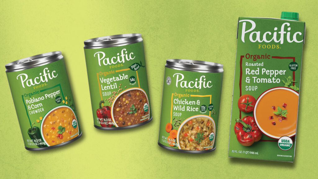 Image of different Pacific Foods soups, including Poblano Pepper & Corn Chowder, Vegetable Lentil, Chicken & Wild Rice and Roasted Red Pepper & Tomato